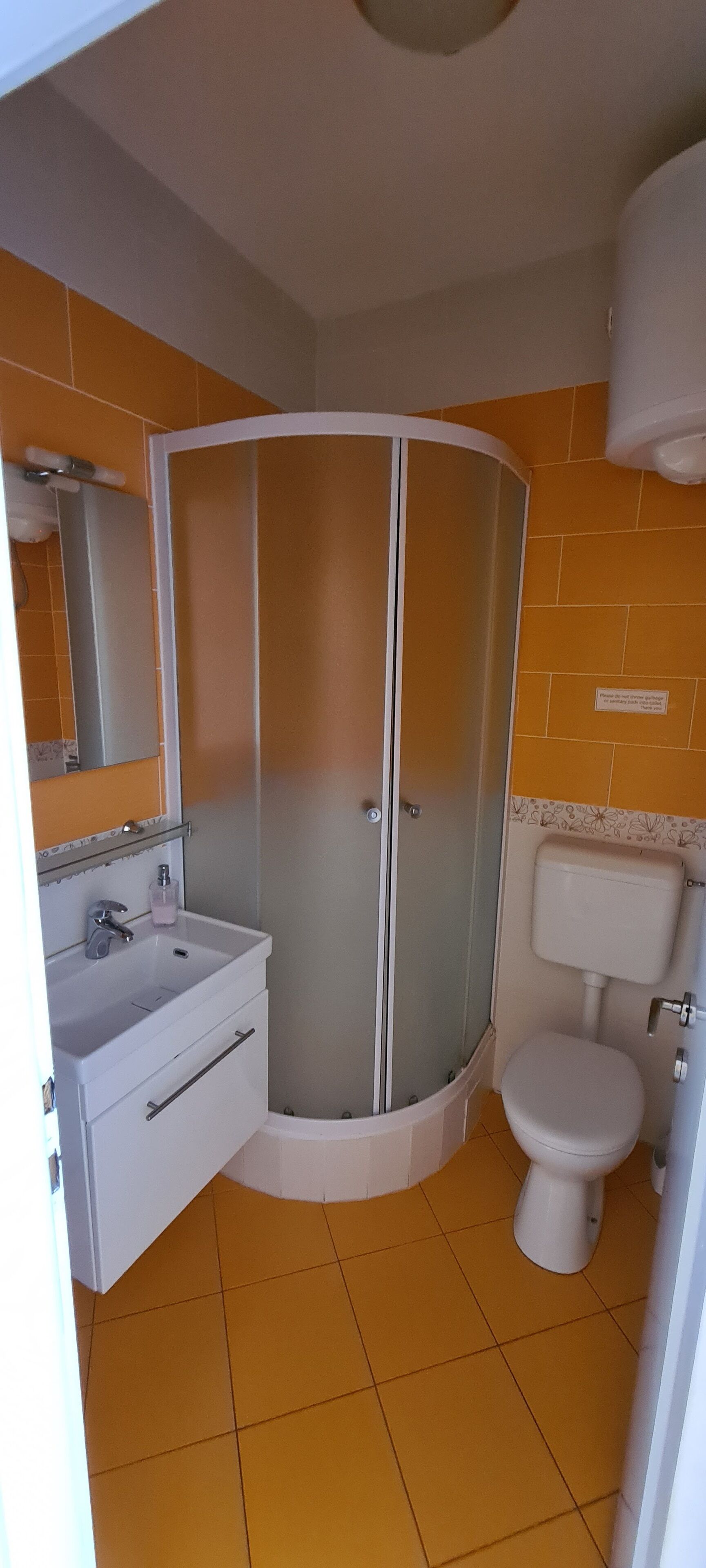 A bathroom with a shower enclosure, a toilet, and a sink with a mirror.