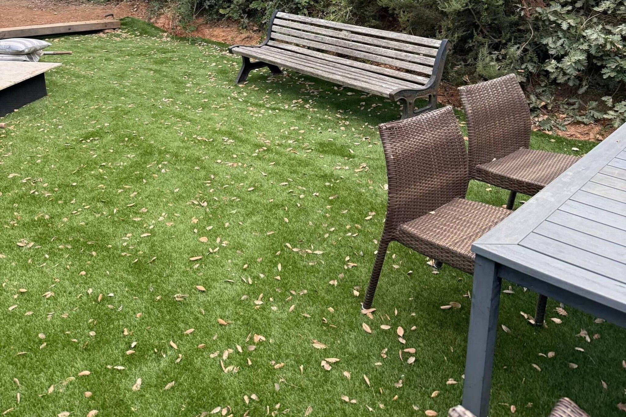 A well-maintained lawn with a bench and wicker chairs, suggesting a peaceful outdoor seating area.