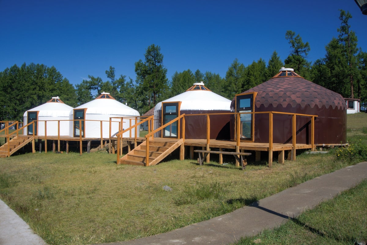 Three yurts with wooden staircases and a metal roof, set in a grassy area with trees in the background.