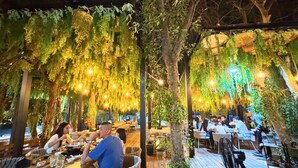 Un espace de restauration en plein air avec des tables et des chaises en bois, entouré de verdure et illuminé par des guirlandes lumineuses.