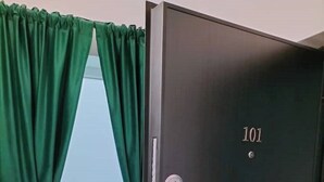 Ein Zimmer mit einer dunklen Tür, auf der '101' steht, einem Fenster mit grünen Vorhängen und einer kleinen Vase mit Blumen auf der Fensterbank.