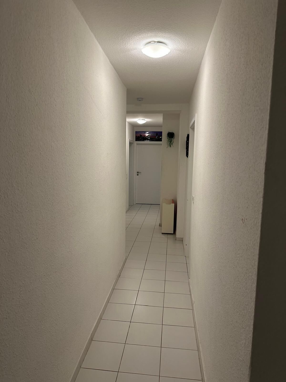 Kapea käytävä, jonka seinät ovat valkoiset ja jossa on laattalattia. Käytävä johtaa ovelle, jossa on pieni ikkuna.