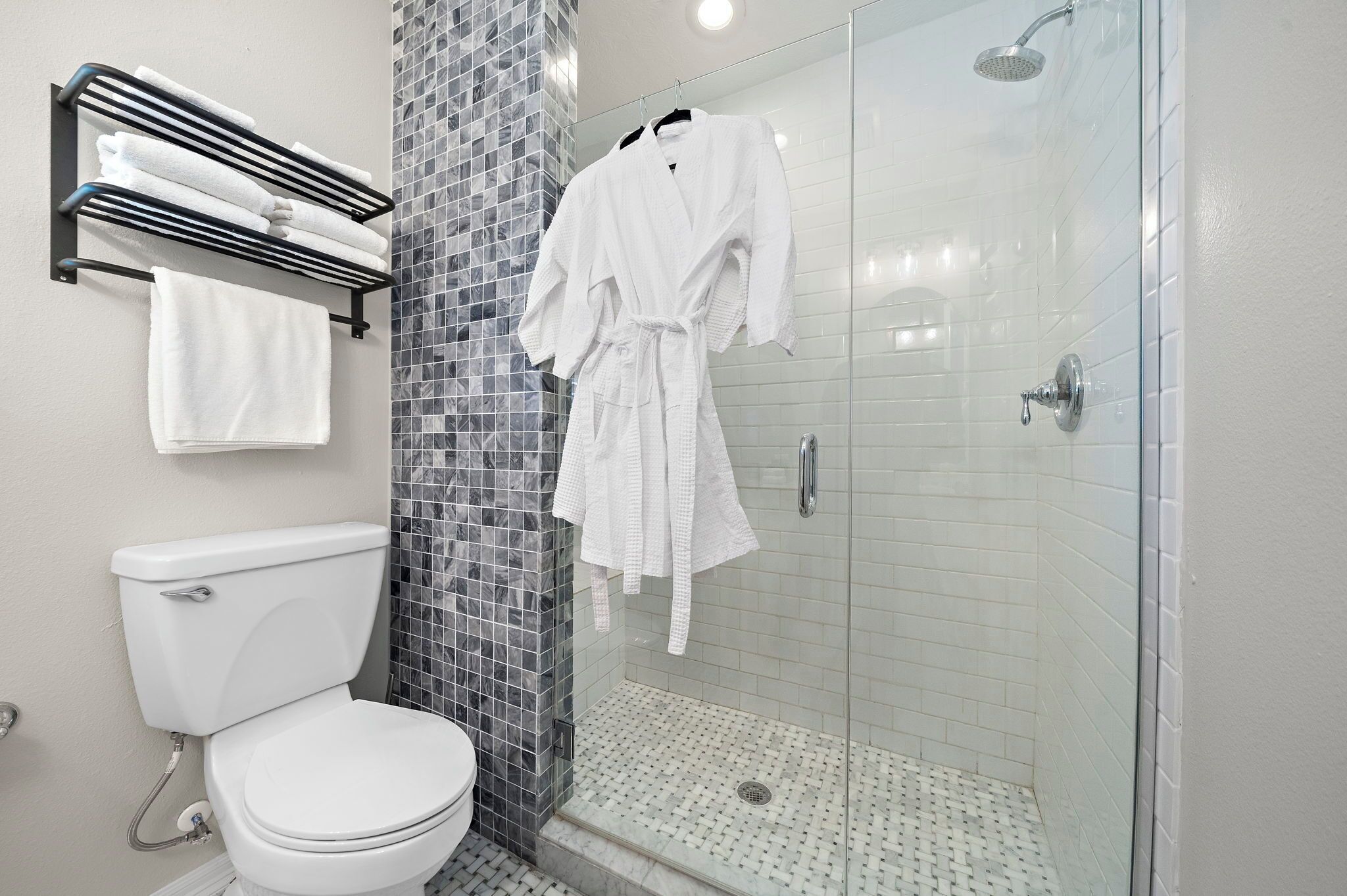 Hair dryer, towels, soap, shampoo