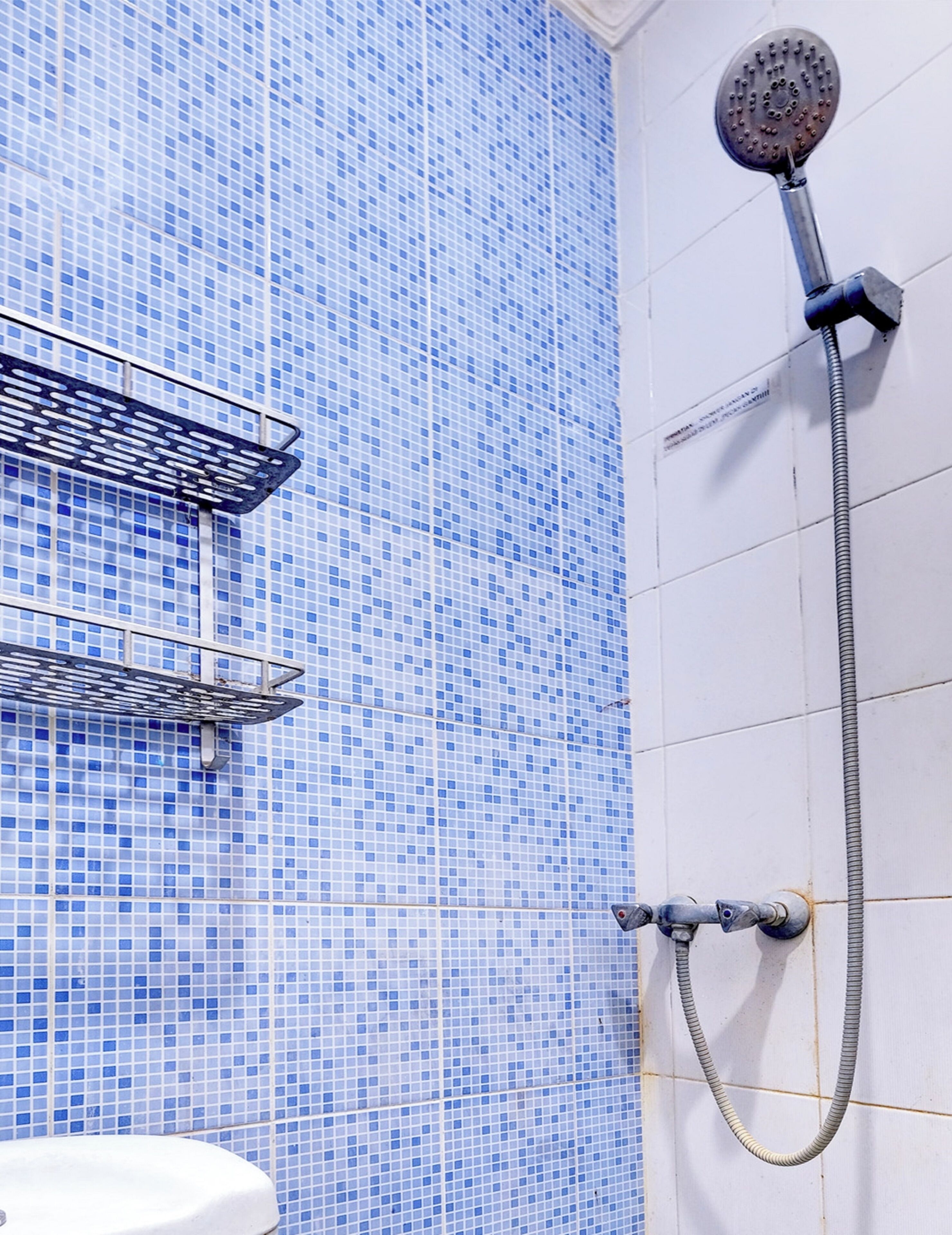 Une salle de bain avec des carreaux de mosaïque bleus, une douche équipée d’un pommeau de douche à main et une étagère en métal.
