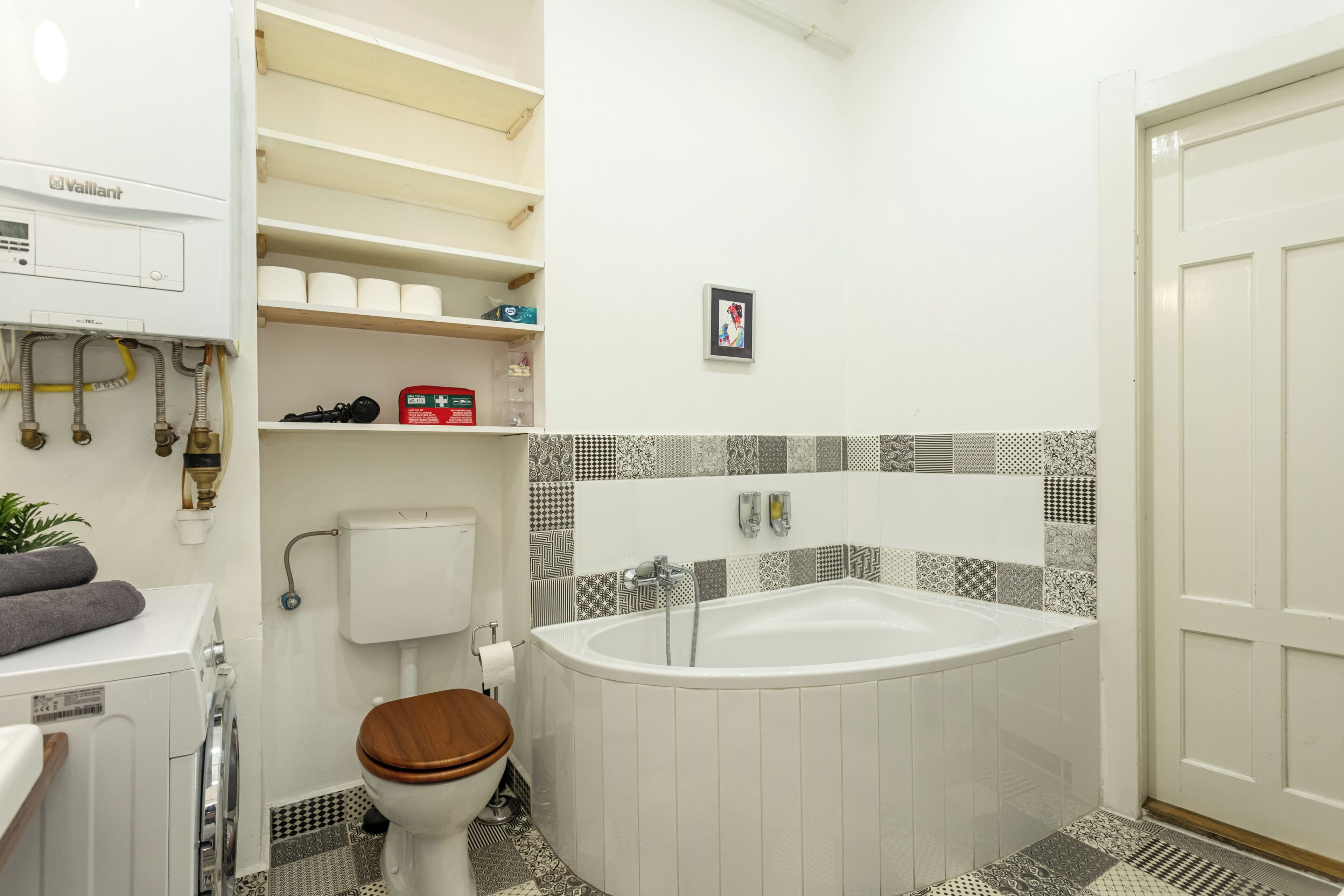 Hair dryer, towels, soap, shampoo