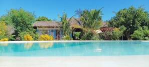 A clear blue pool surrounded by lush greenery and a thatched-roof building. - Matemwe Ocean View Villas (Matemwe)