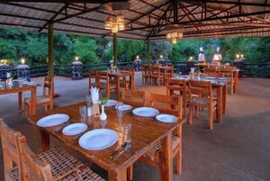 Un espacio de comedor al aire libre con mesas y sillas de madera, rodeado de follaje.