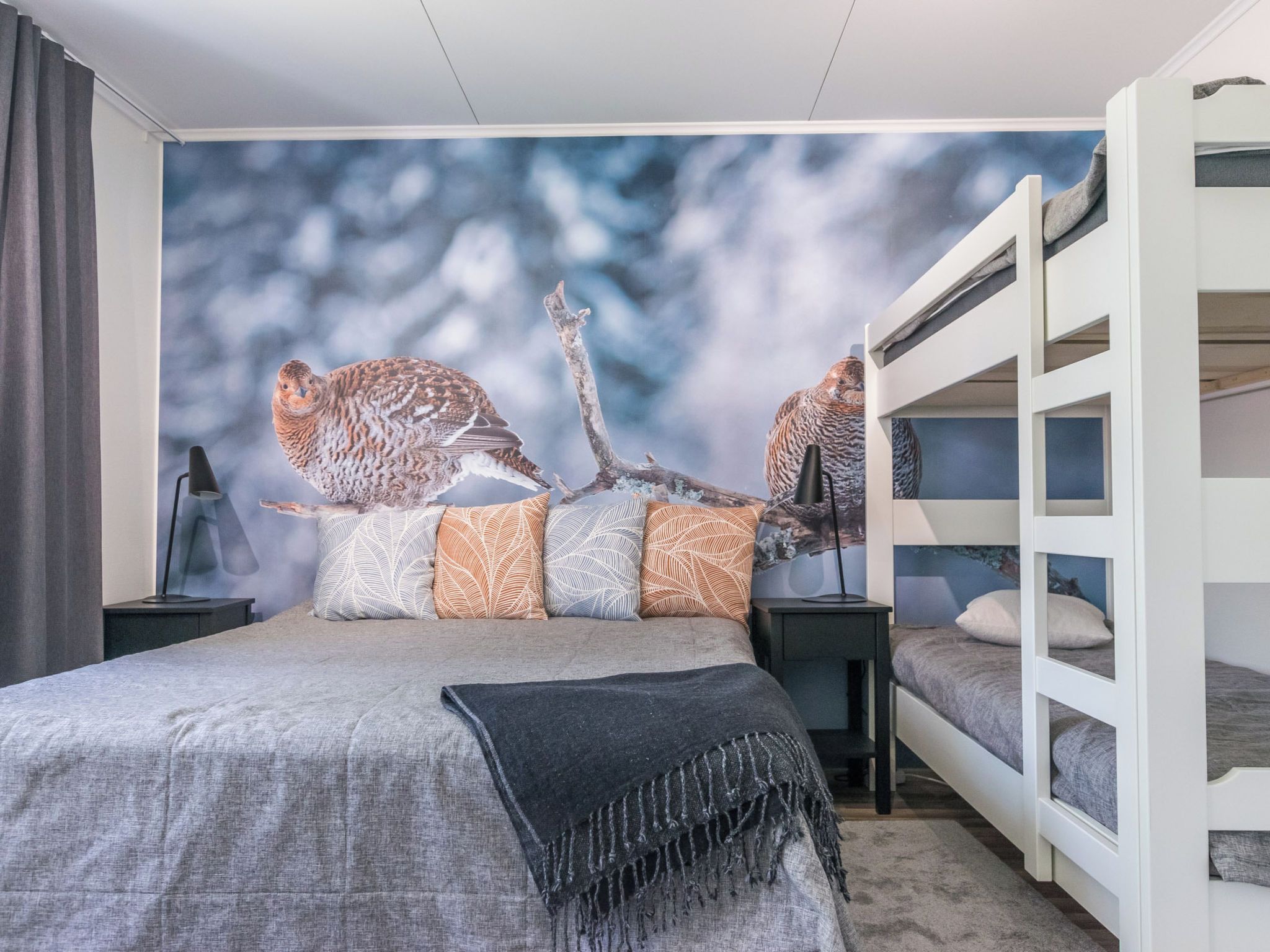 A bedroom with a bunk bed, a large wall mural of birds, and a bedside lamp.