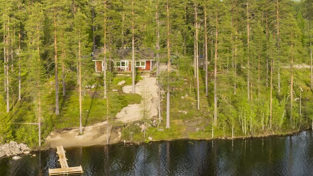 Eine Hütte, umgeben von dichtem Wald und einem See.