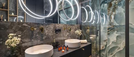 Shower, hair dryer, shampoo