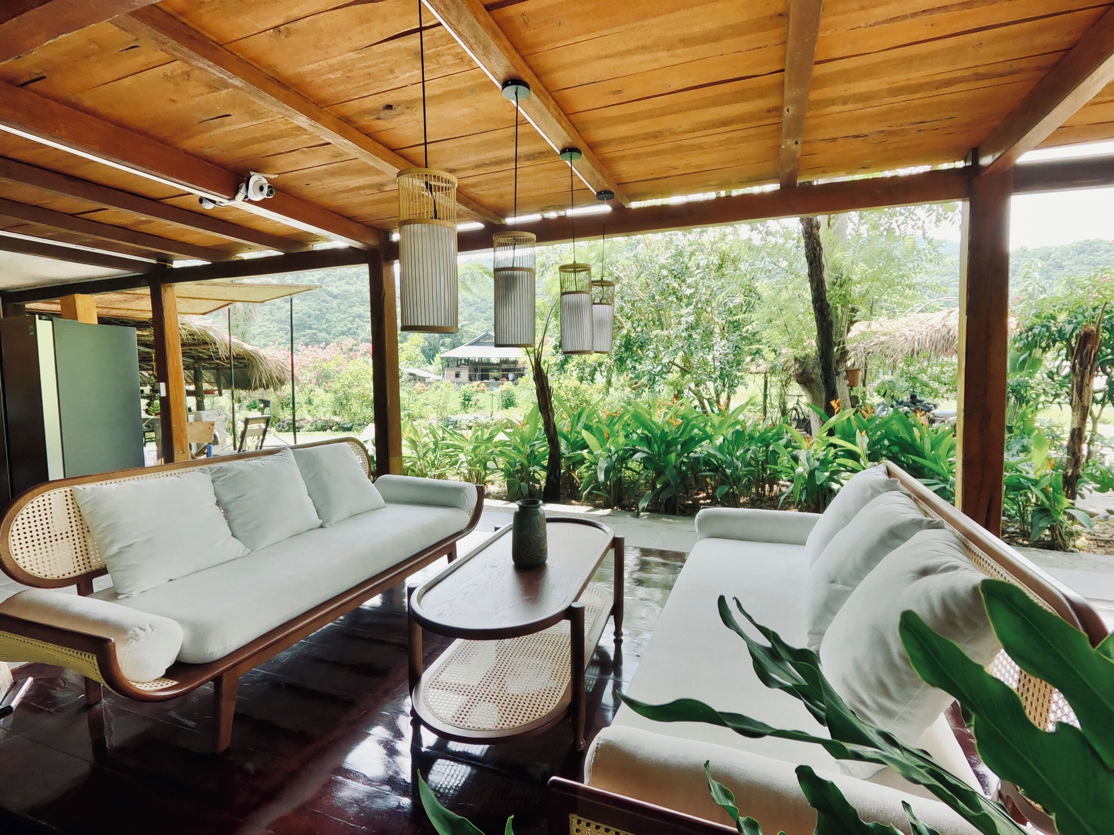 A spacious room with a wooden ceiling, a sofa, a table, and a view of lush greenery outside.