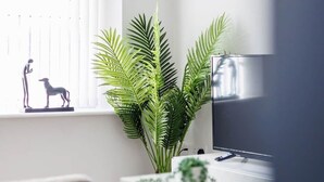 A modern kitchen with a white countertop, a stove, and a window with blinds. There is a potted plant on the windowsill and a small figurine of a dog and a person. - Light, Bright & Full of Style. 1-Bed Apt with PKG (Bournemouth)