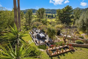 A patio area with a dining table and chairs, surrounded by potted plants and a stone wall. - Villa Finca Estel (Calvia)