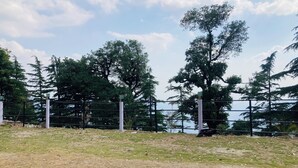 A fenced outdoor area with a grassy field, trees, and a clear sky. - Sizzling Resort And Adventure (Dhanaulti)