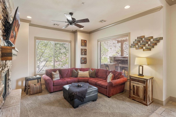 Condo, Multiple Beds, Patio, Mountain View (Red Cliffs) | Living area | 50-inch TV with digital channels, fireplace