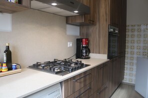 Fridge, oven, stovetop, cookware/dishes/utensils