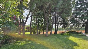 A tennis court surrounded by trees and grass. - Holiday apartment with air conditioning, swimming pool, tennis (Colà di Lazise)