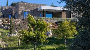 A modern house with stone walls and a flat roof, surrounded by greenery and rocks. - Euphonia Residence by Athina Hospitality (Ermionida)