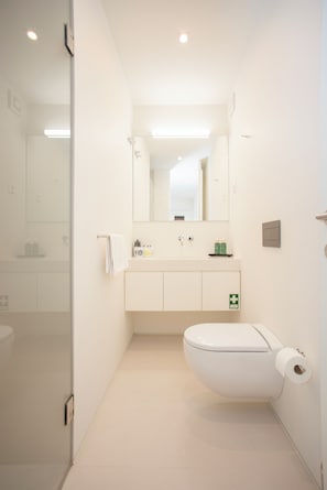A modern bathroom with a toilet, sink, and mirror.