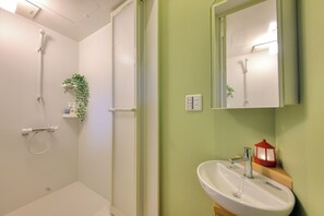 Separate tub and shower, free toiletries, hair dryer, slippers