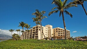 Un hôtel à plusieurs étages, doté d’un toit plat, entouré de palmiers et d’une végétation luxuriante.
