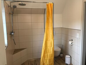 Douche, séchoir à cheveux, serviettes fournies, savon