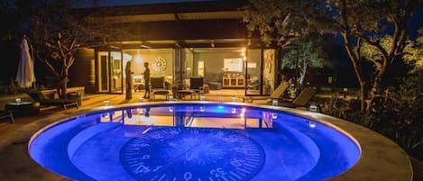 Outdoor pool, pool umbrellas, pool loungers