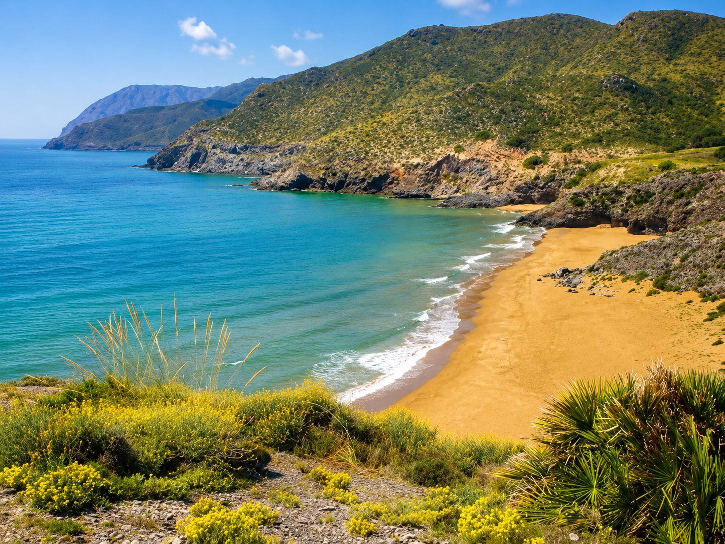 Un paysage côtier avec une plage de sable, une mer bleue et limpide, et des collines verdoyantes.