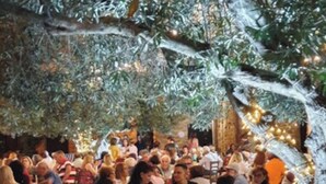 Un área de comedor al aire libre con suelo de piedra y barandillas de metal, rodeada de árboles y luces colgantes.