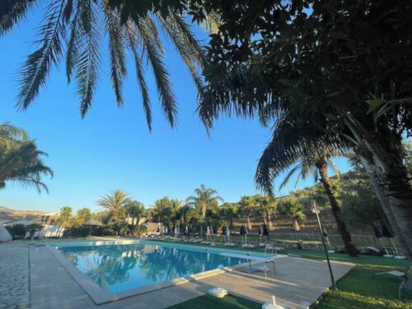 Una piscina rectangular con cubierta de madera, rodeada de palmeras y follaje, bajo un cielo azul despejado.
