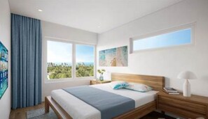 A modern bedroom with a large bed, a nightstand, a window with a view, and a painting on the wall. - Unit 1 Commandeurs Condominium, Aruba (Oranjestad)