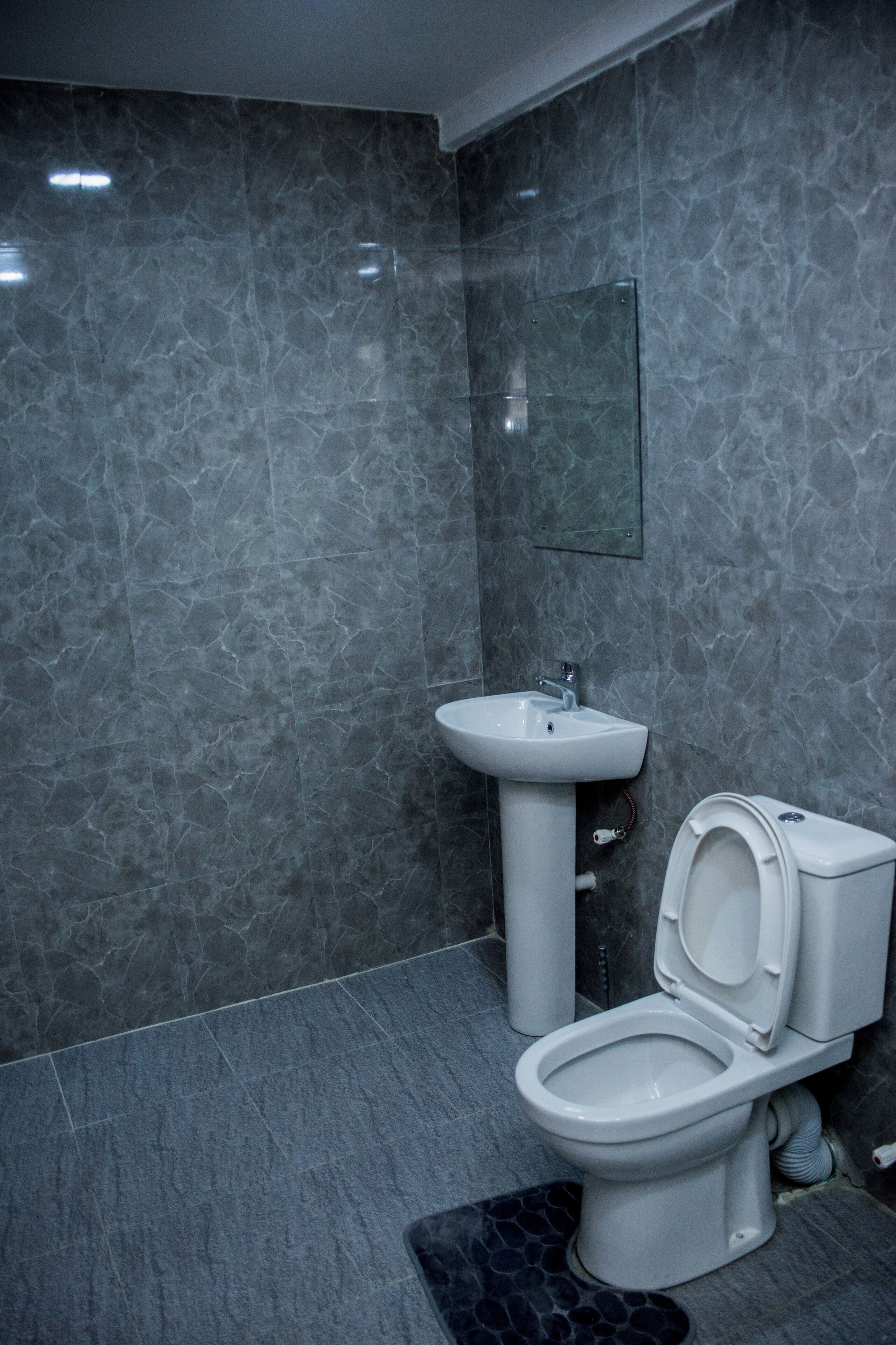 A bathroom with a toilet, sink, and mirror.