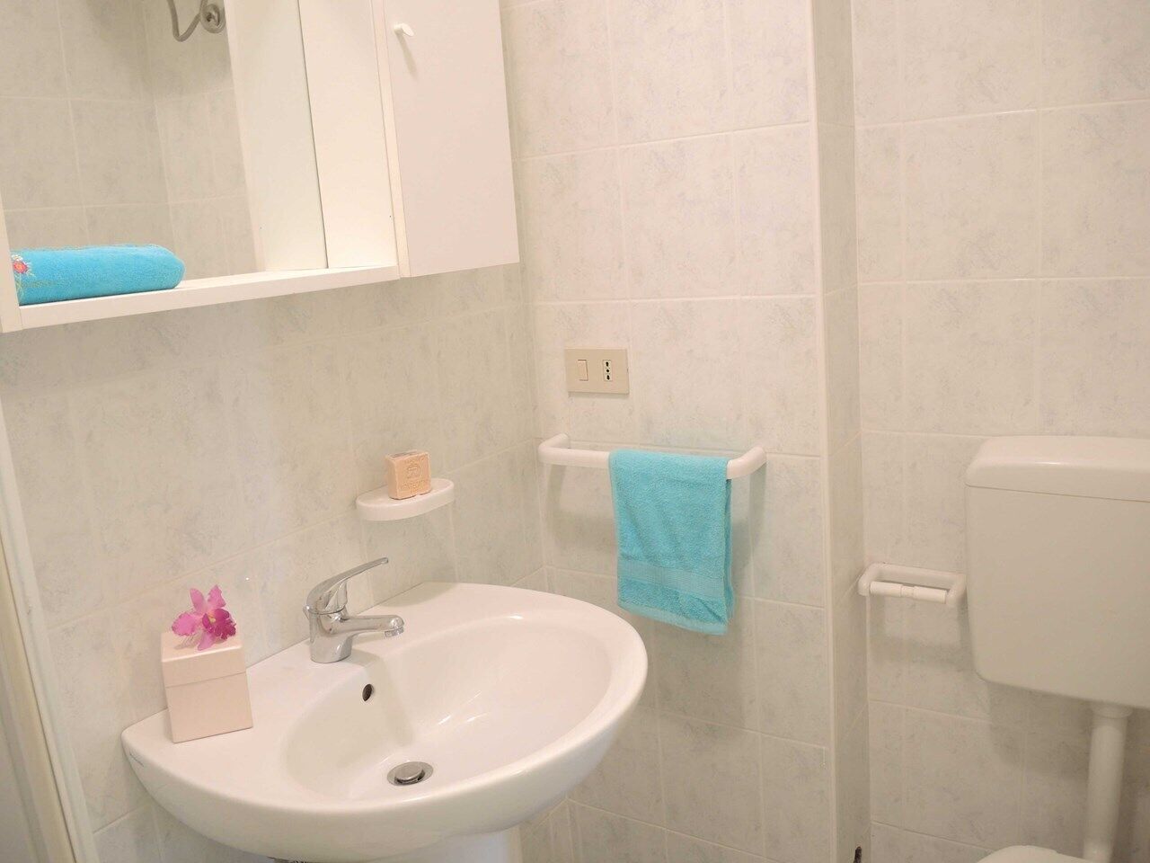 A bathroom with a white sink, a mirror, a towel rack, and a toilet.