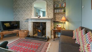 A cozy living room with a fireplace, a television, a bookshelf, and a patterned rug.