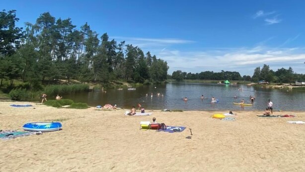A beach with people swimming and sunbathing, a lake, and trees in the background.