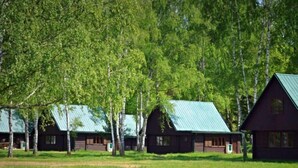 A row of cabins with metal roofs, surrounded by trees and grassy areas.