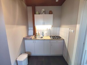 Fridge, microwave, stovetop, cookware/dishes/utensils