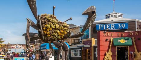 Le quai 39, avec sa grande sculpture de crabe, un restaurant Hard Rock Cafe et une enseigne sur laquelle on peut lire : « Tout est un. »