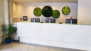 A reception desk with three monitors, a potted plant, and three circular wall decorations. - Soma House (San Francisco)