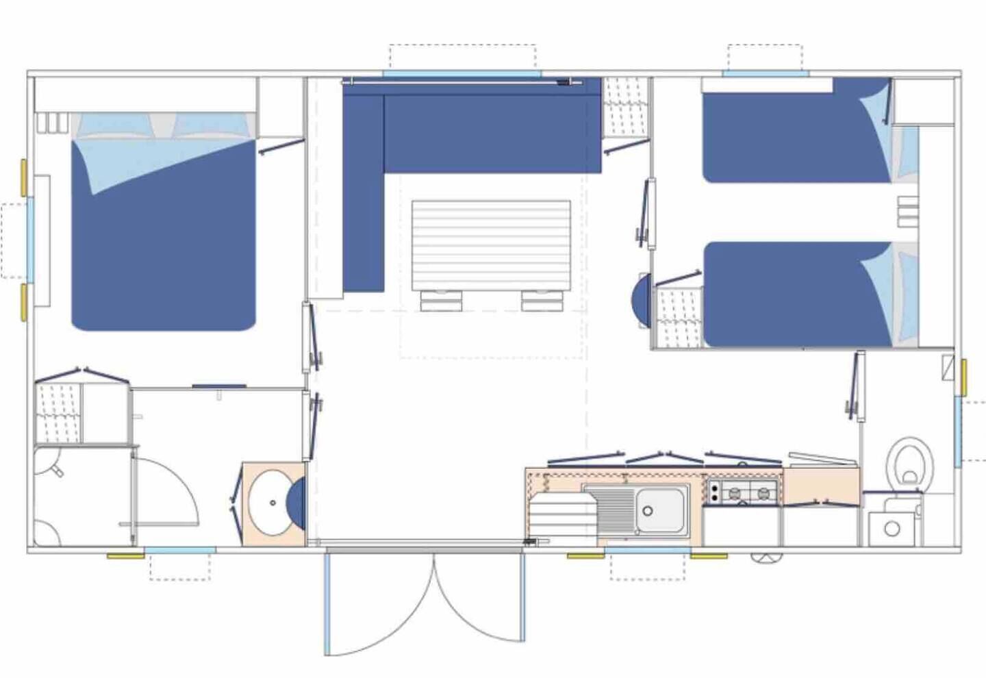 A floor plan of a hotel with multiple rooms, a central hallway, and a kitchen area.