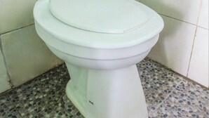 A toilet with a white seat and lid, positioned in a corner with tiled walls and a mosaic tile floor. - Hotel O Jayanni (Sumbawa Besar)
