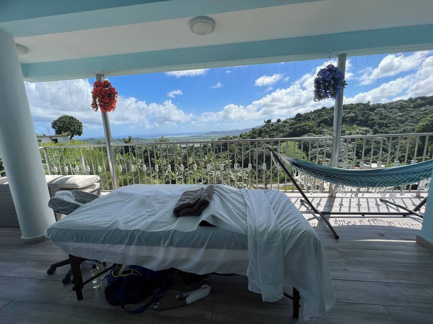 Un balcon avec un lit, un hamac et une vue sur un paysage luxuriant.