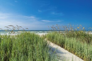 Ein Weg führt zu einem Strand mit hohem Gras und blauem Himmel.