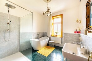 Hair dryer, bidet, towels, soap