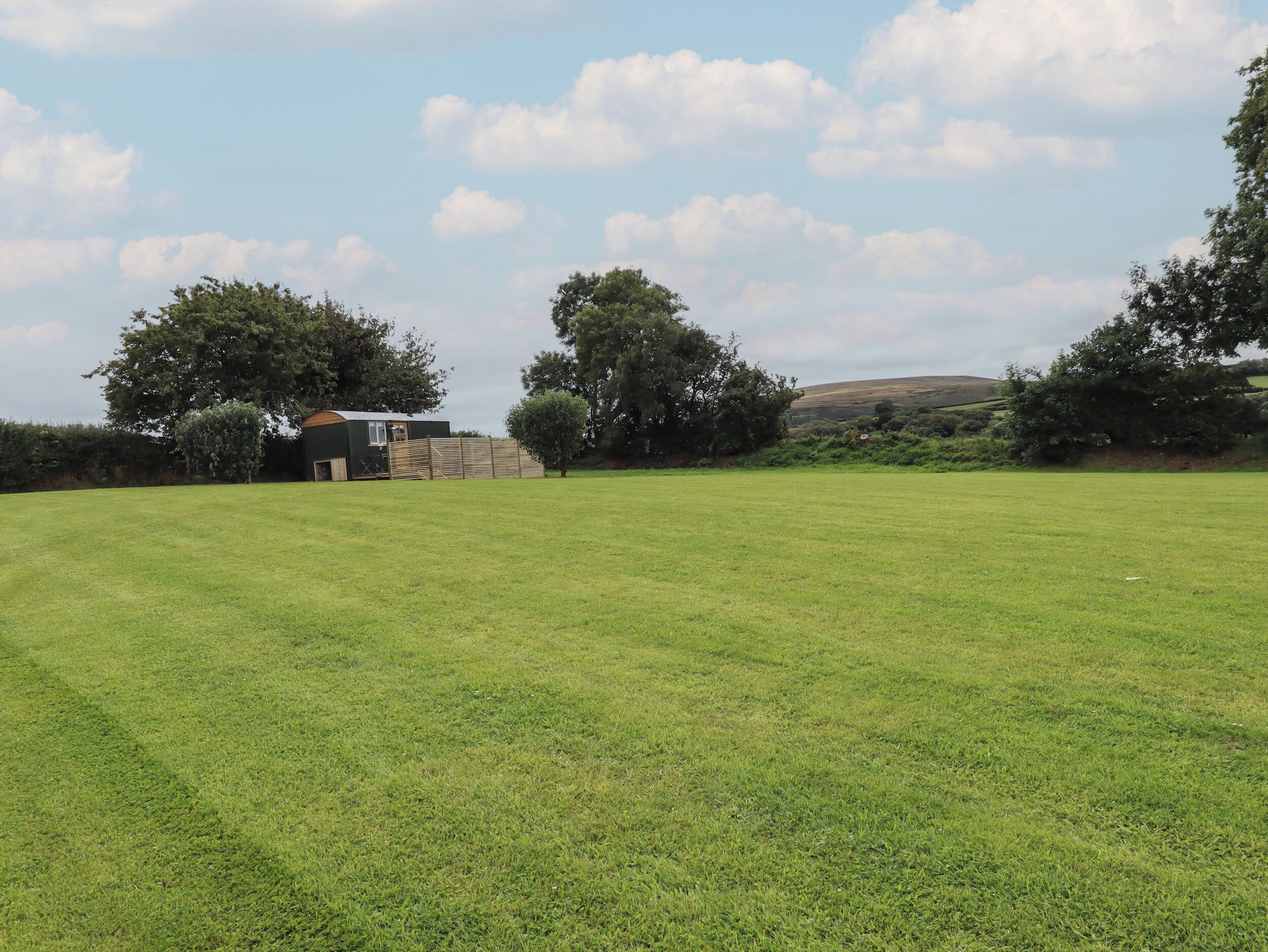 A grassy field with a small building and trees.