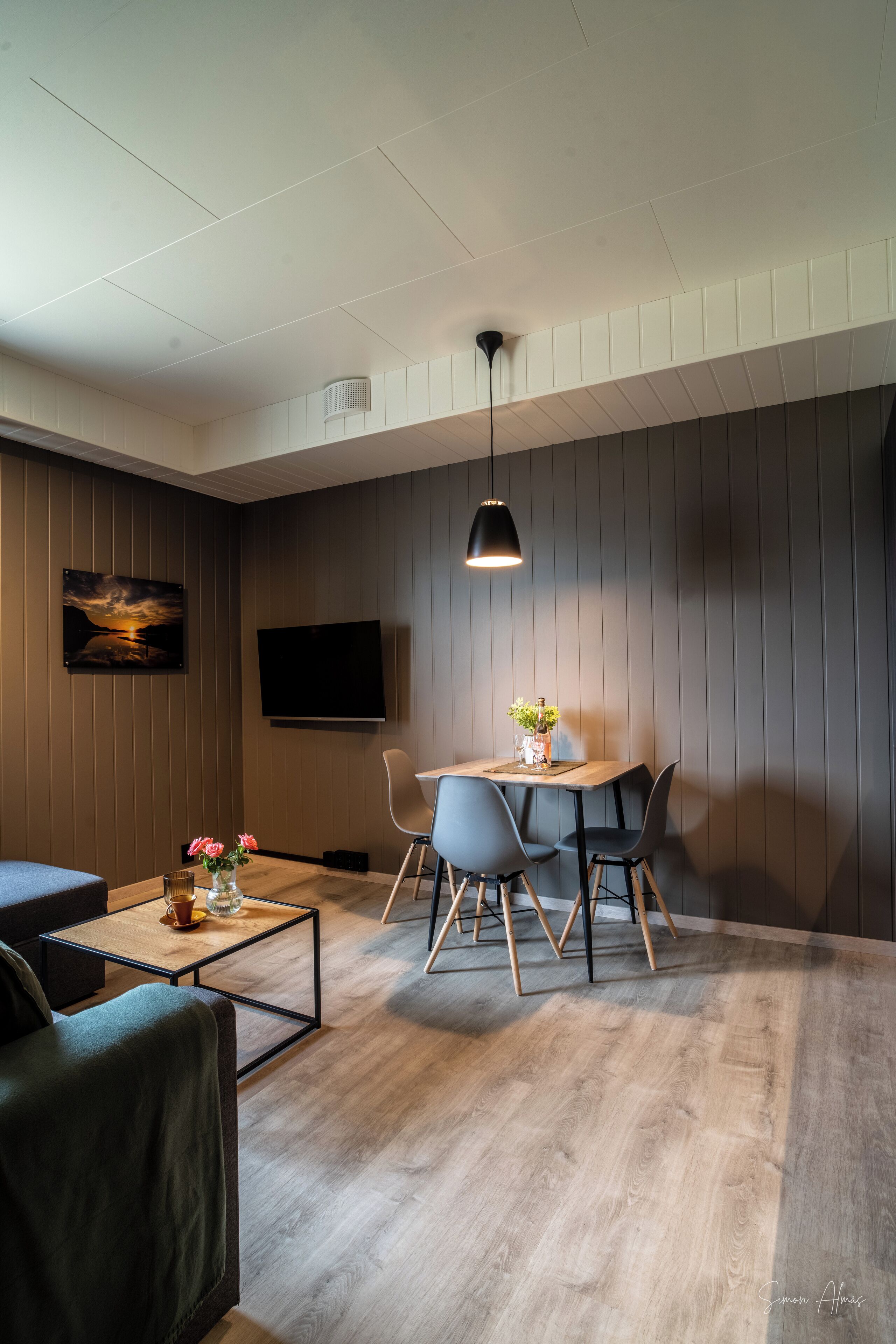 Un salon moderne avec un plancher en bois, une table à manger avec des chaises, un canapé, une table basse ornée d’un vase de fleurs, un téléviseur à écran plat fixé au mur et une suspension au-dessus de la table.