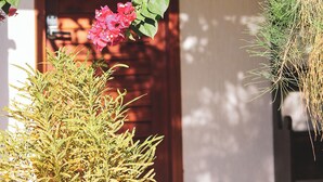 Un vano de entrada enmarcado por follaje verde y flores rosadas, que da paso a un edificio con puerta de madera.