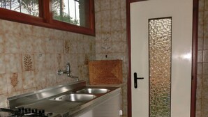 Una cocina compacta con estufa a gas, dos fregaderos y una puerta decorativa con un panel de vidrio esmerilado.