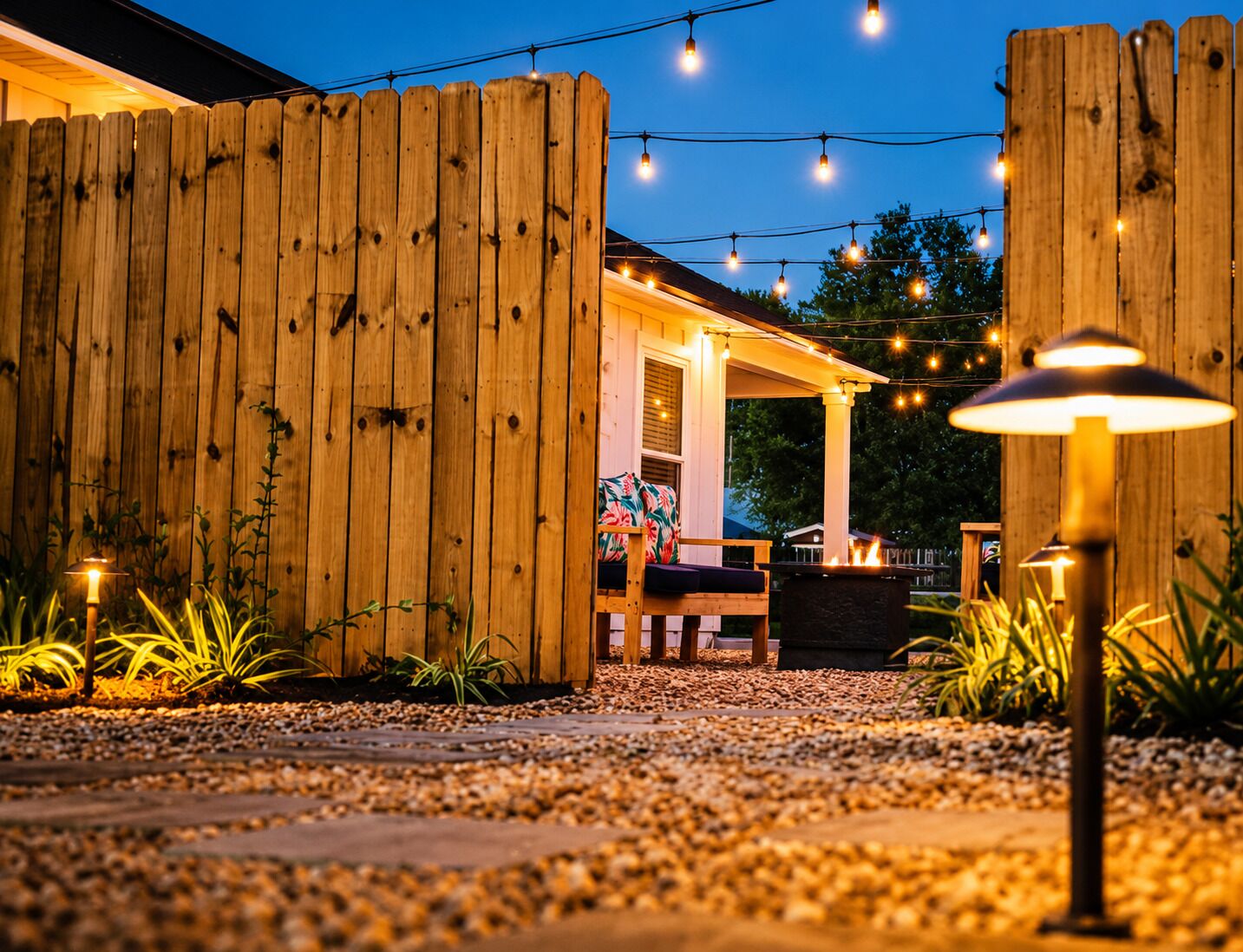 A wooden fence, outdoor seating, string lights, and a pathway.