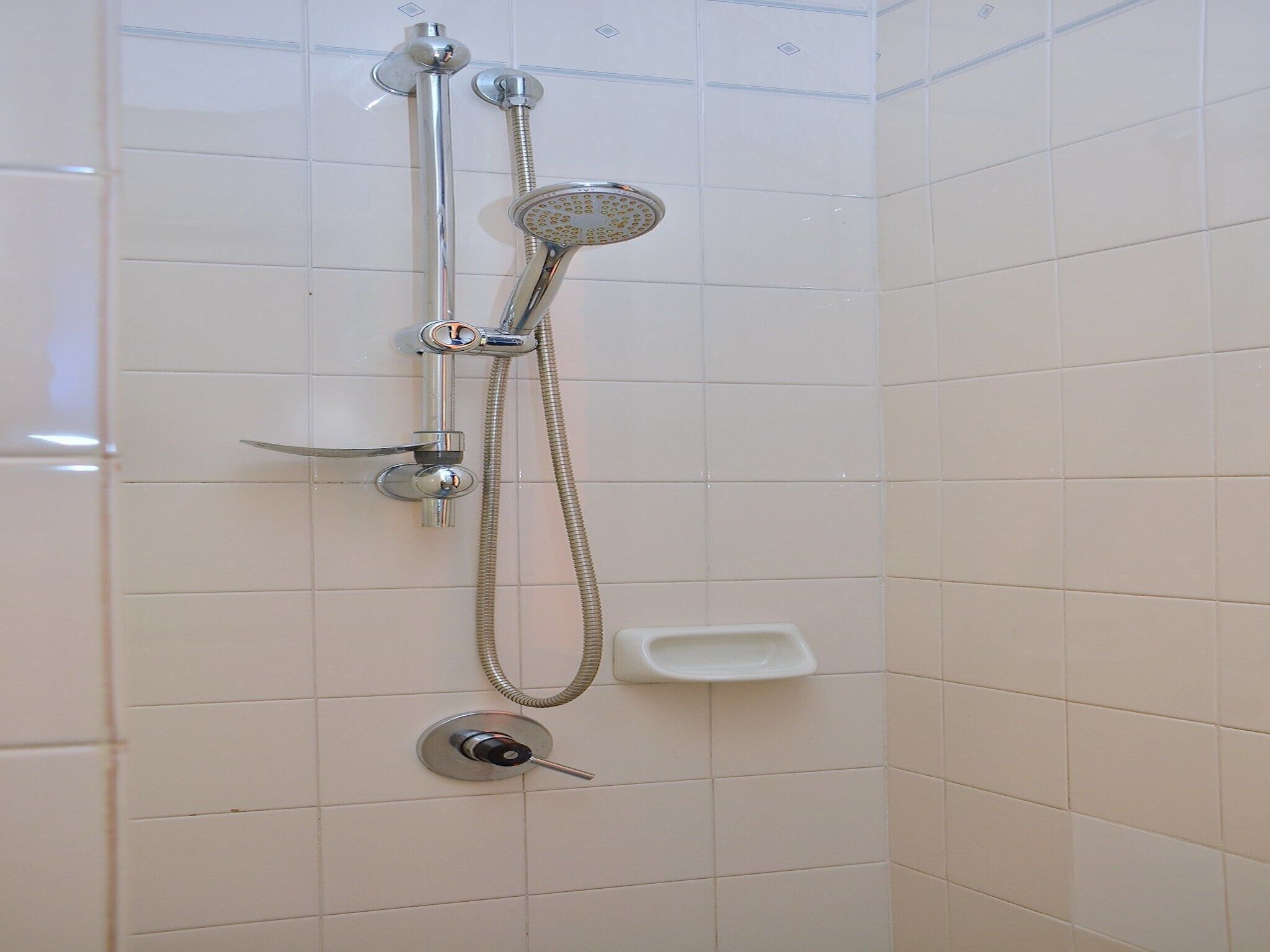 A shower with a handheld showerhead, a handheld faucet, and a wall-mounted control.